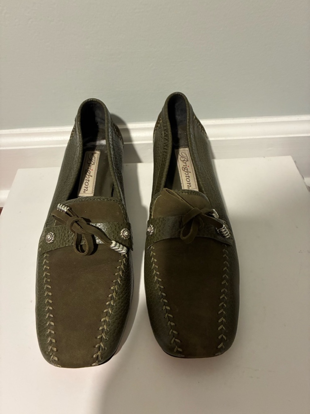 Brighton suede and leather green olive loafers